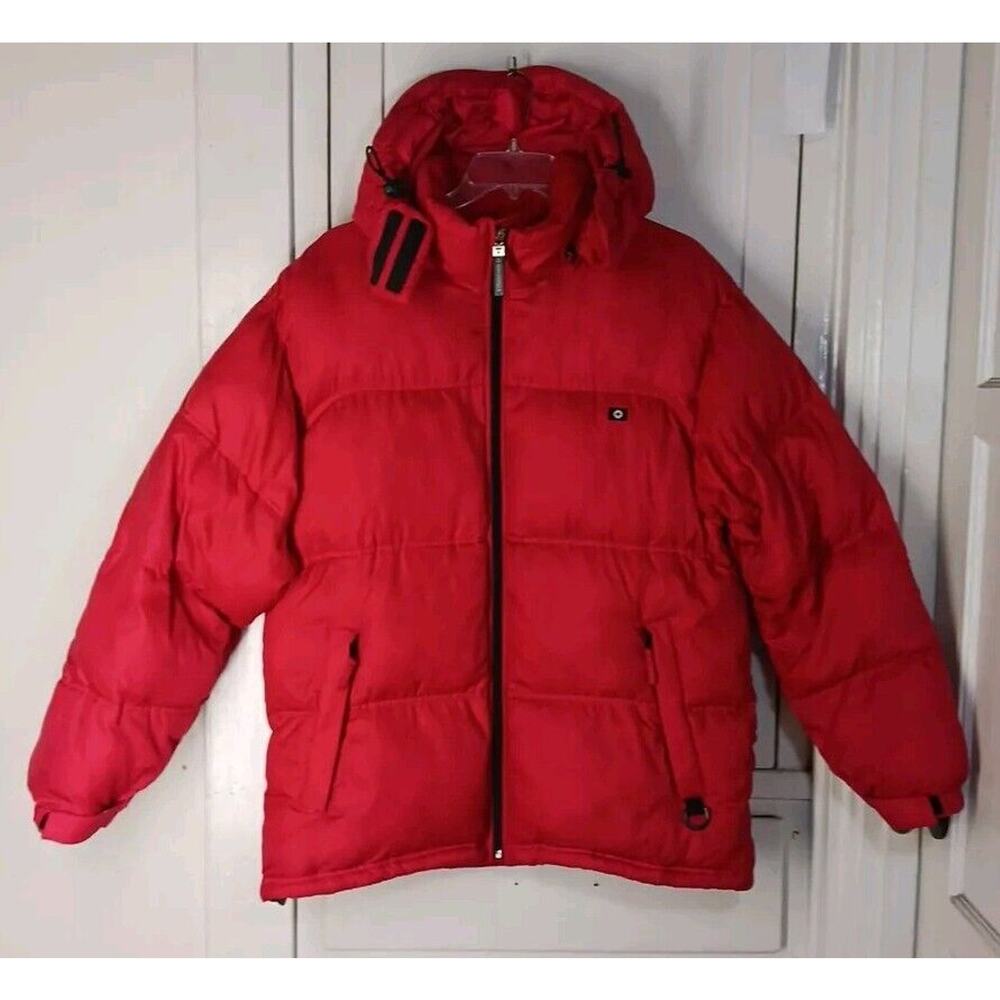 Vintage South Pole Red Down Puffer Jacket Men's Size M Hooded Baggy Loose Fit